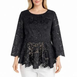 Moshita Couture Lace Embellished Peplum Hem Evening Blouse Black Size 6